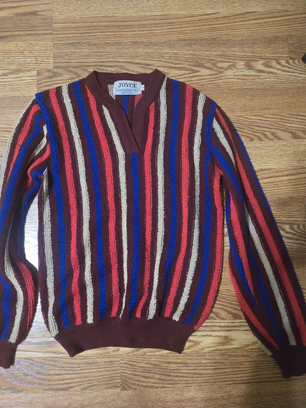 Vintage Joyce Burgundy V-Neck Sweater with Multi-Color Stripes Sz M